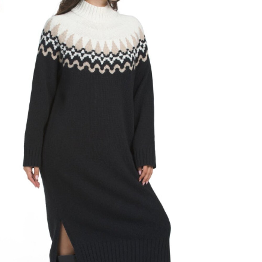 Barbour Kingsford Fair Isle Knit Sweater Midi Dress Black Ivory Size 8 NWT